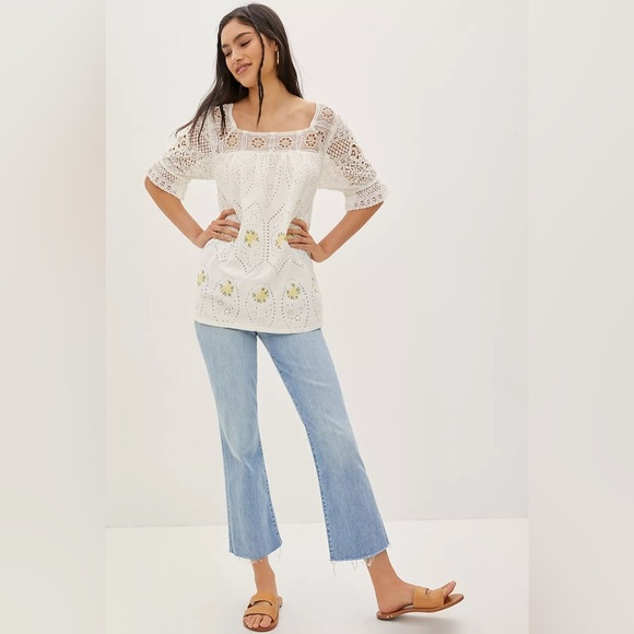 Anthropologie Tops - Anthropologie White Blouse with Yellow Floral Embroidery